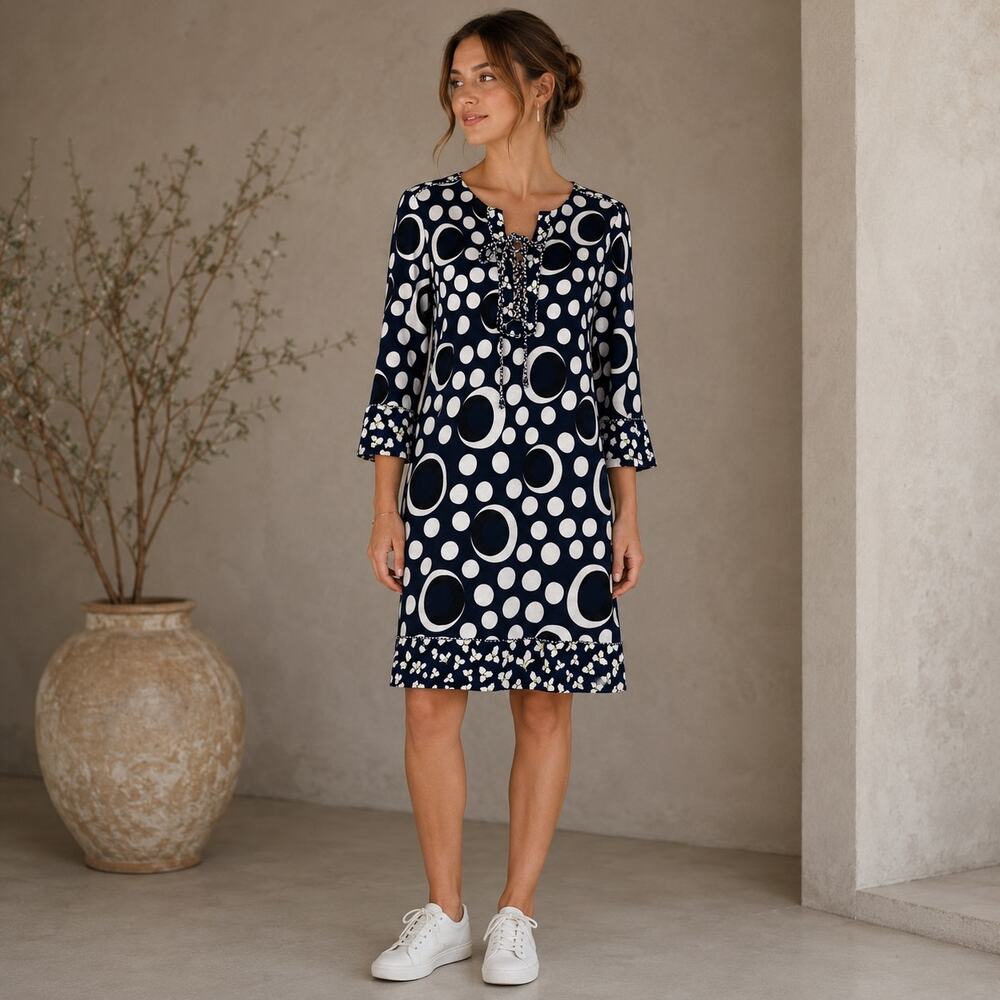 Diane Von Furstenberg Navy White dot floral Long Sleeve Shift Dress 4